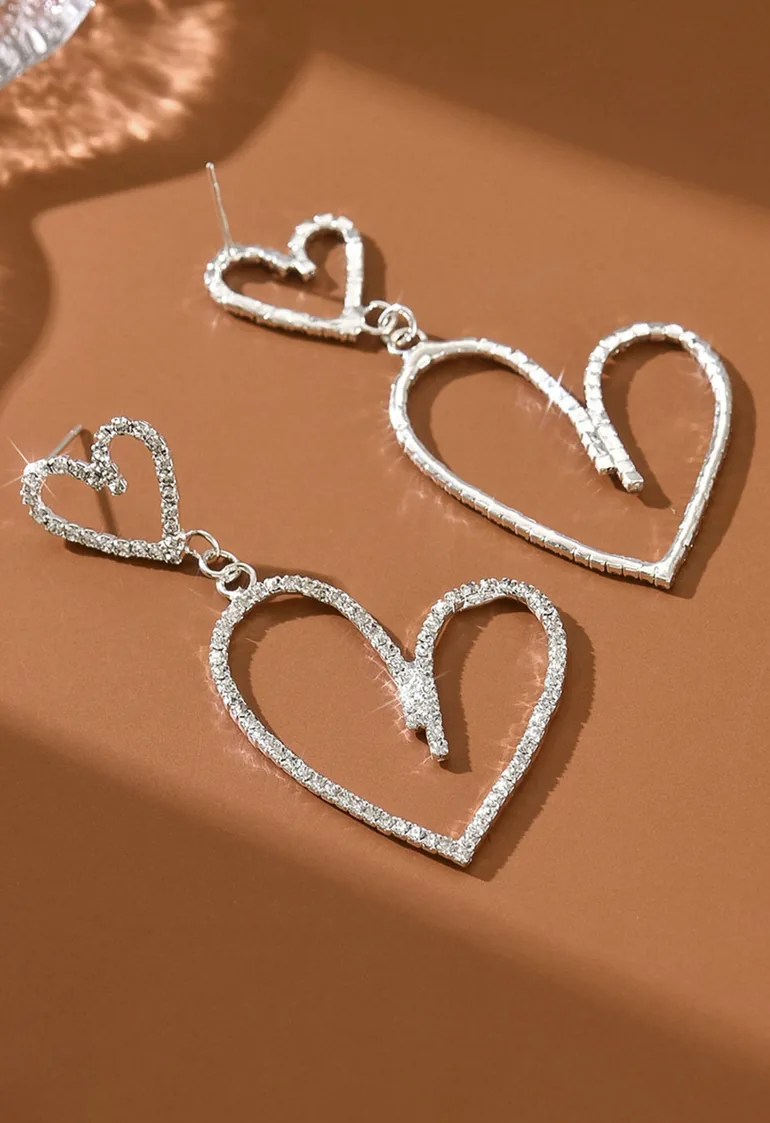Rhinestone Irregular Double Heart Drop Earrings in Silver - 2
