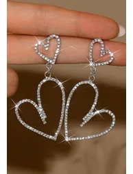 Rhinestone Irregular Double Heart Drop Earrings in Silver - 1