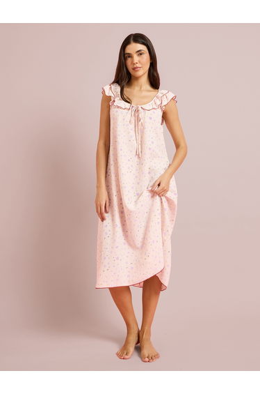 Pink Ditsy Floral Ruffle Neck Front Tie Nightdress