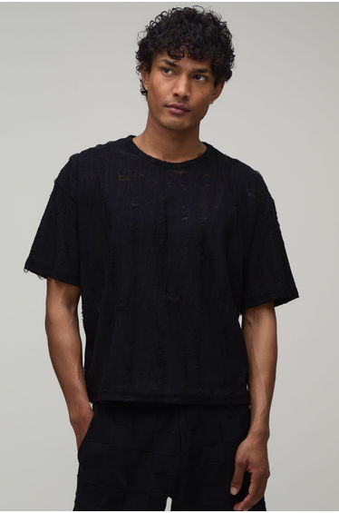 Oversized Boxy Woven Burn Out T-Shirt - black
