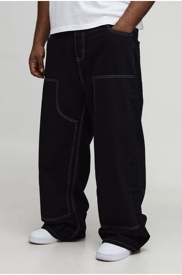 Plus Relaxed Contrast Stitch Worker Jeans - black