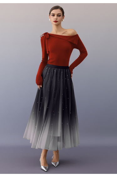 Gradient Mesh Sequined Maxi Skirt in Black