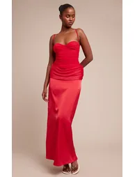 Red Chiffon Dropped Waist Ruched Detail Maxi Dress