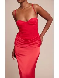 Red Chiffon Dropped Waist Ruched Detail Maxi Dress - 3