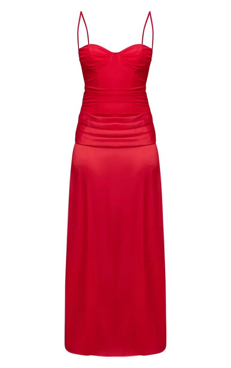 Red Chiffon Dropped Waist Ruched Detail Maxi Dress - 4