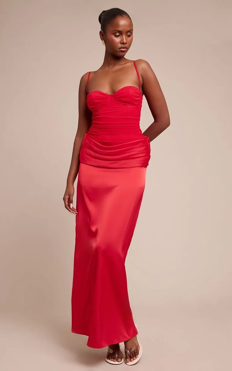 Red Chiffon Dropped Waist Ruched Detail Maxi Dress - 5