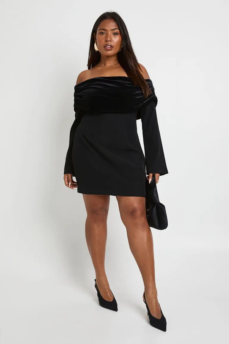 Plus Velvet Fold Over Bardot Tailored Mini Dress - black Boohoo : Dresses :  VogaCloset Bahrain