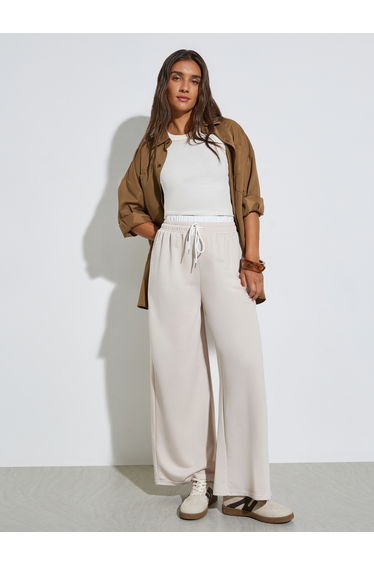 Beige Wide Leg Knit Joggers with Drawcord