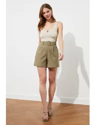 Khaki Belt Detailed Woven Shorts - 2