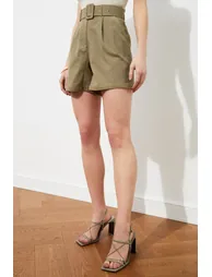 Khaki Belt Detailed Woven Shorts - 3
