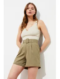 Khaki Belt Detailed Woven Shorts