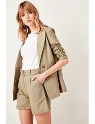 Khaki Belt Detailed Woven Shorts - 7