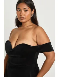 Plus Velvet Bardot Plunge Mini Dress - black - 3