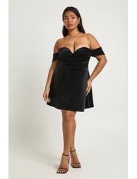 Plus Velvet Bardot Plunge Mini Dress - black