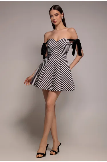 Diagonal Stripe Velvet Bow A Line Mini Dress - Black White by Goddiva