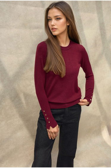 Crew Neck Button Detailed Knit Sweater