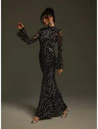 فستان ميش بأكمام طويلة بأحجار كريستال - 4