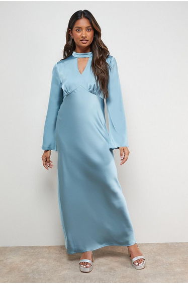 Satin Cut Out Flare Sleeve Bias Midi Dress