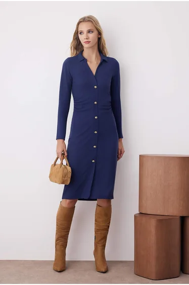 Navy Blue Polo Neck Bodycone/Fits the Body Flat Button Detail Midi Knit Dress