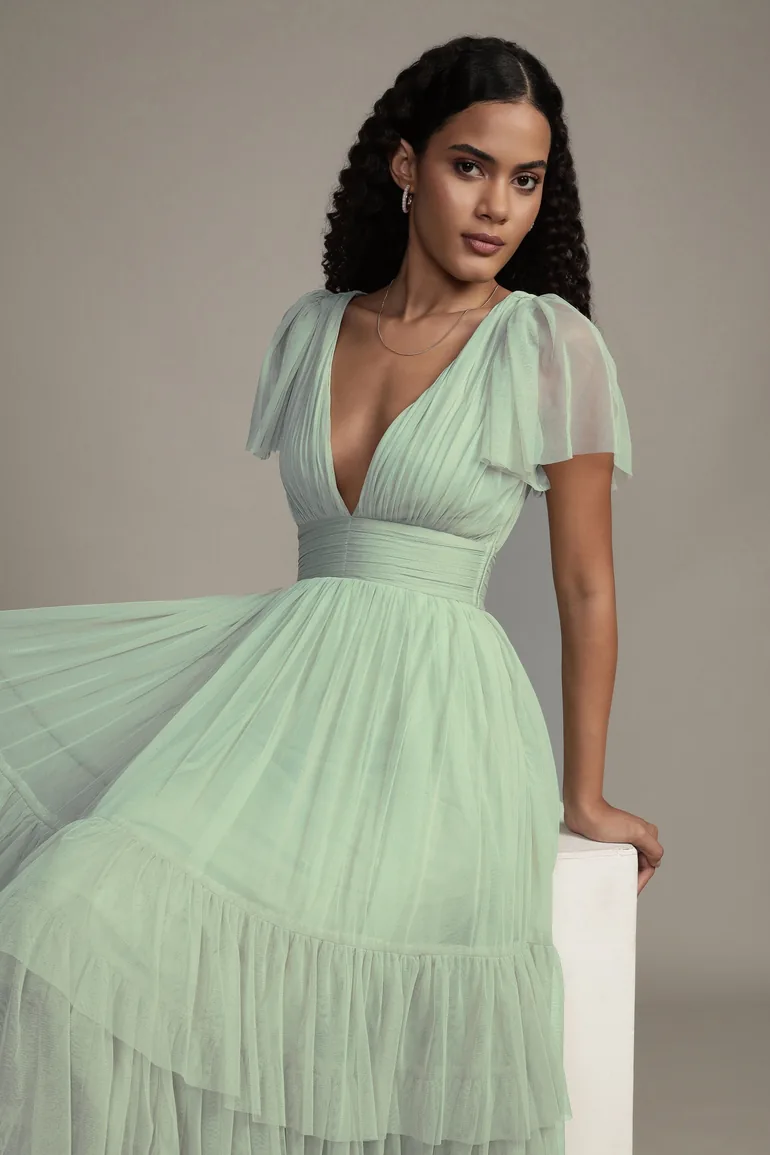 sage green tulle bridesmaid dress Lace & Beads Bridesmaid tulle halter neck midi dress in sage green