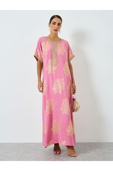 Women Tree Printed Golden Trim Patch Jalabiya