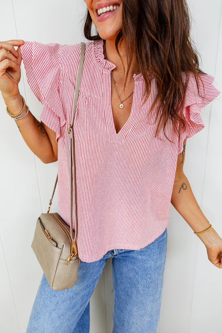 Lvness Red Stripe Frilly Split Neck Double Ruffled Short Sleeve Blouse - 3