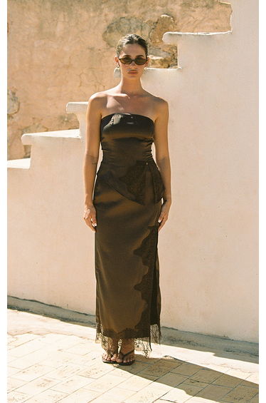 Brown Satin Lace Detail Midi Skirt