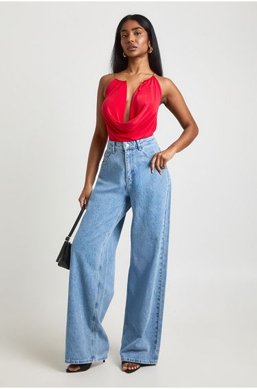 Ring Trim Neck Halterneck Bodysuit - red
