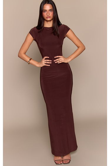 Chocolate Double Layer Slinky Open Back Drape Maxi Dress