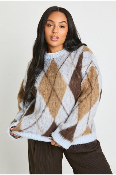 Plus Brushed Argyle Oversized Jumper - blue
