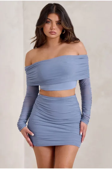 Rule Breaker | Cornflower Blue Ruched Mesh Bardot Crop Top