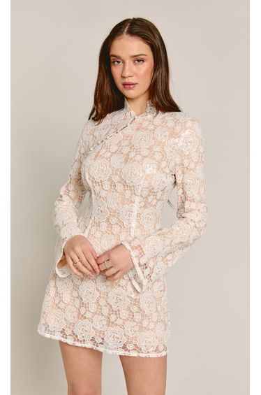 White Sequin Floral Lace Mini Dress