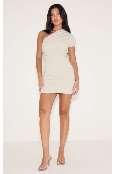 Sand Woven Ruched One Shoulder Mini Dress