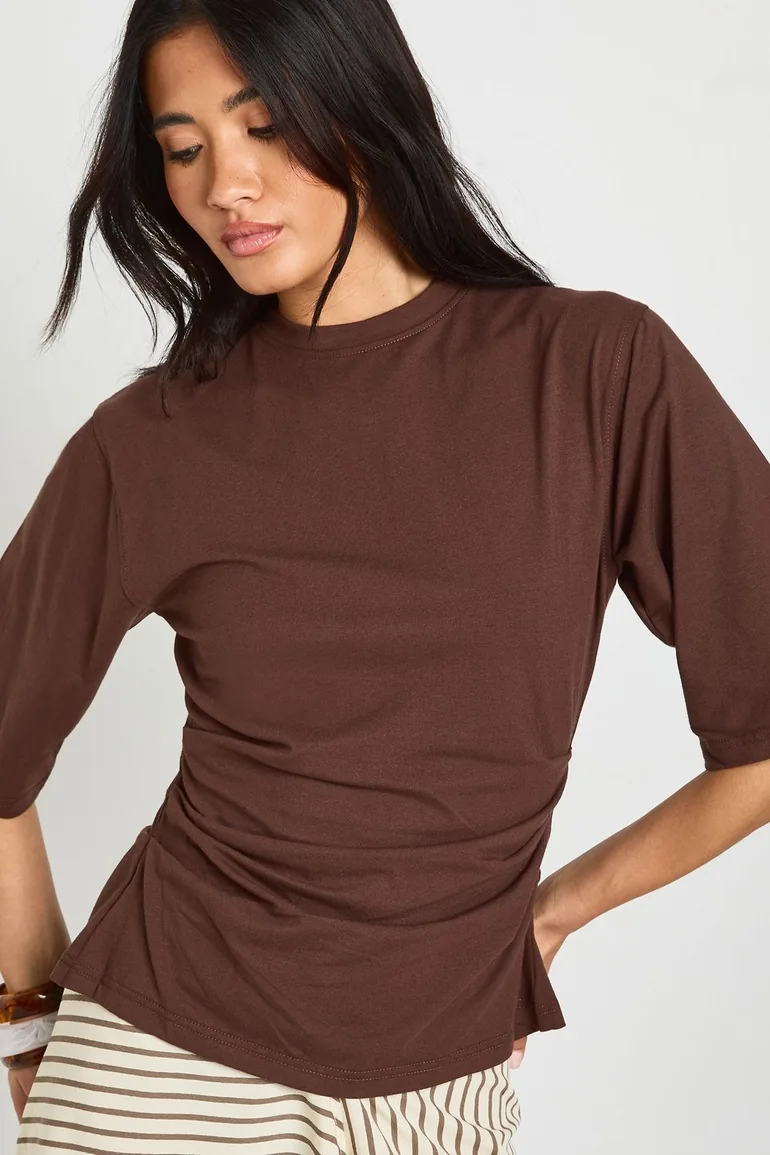 Cinched Waist Half Sleeve T-Shirt - chocolate - 3