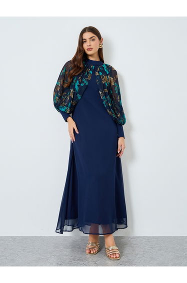 Navy Blue Floral Print Chiffon Maxi Dress