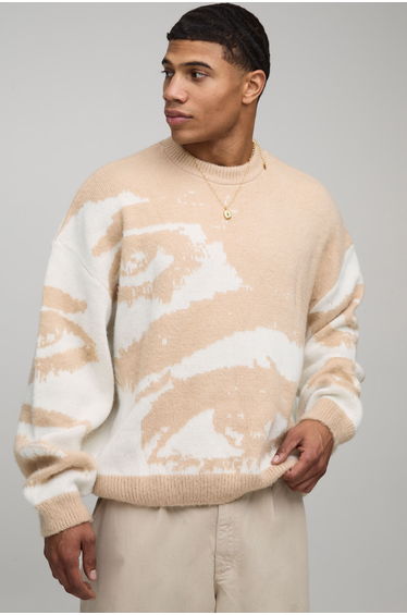 Oversized Boxy Brushed Eye Graphic Knitted Jumper - stone