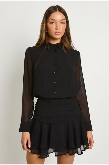 Chiffon Draped Mini Shirt Dress - black