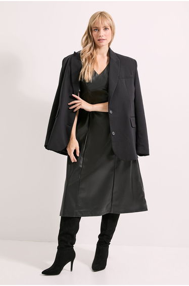 Black V Neck Fit & Flare PU Midi Dress