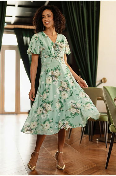 Yumi Mint Floral Tea Dress With Front Ties