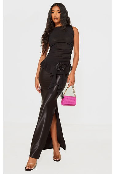 Black Stretch Satin Split Side Maxi Skirt