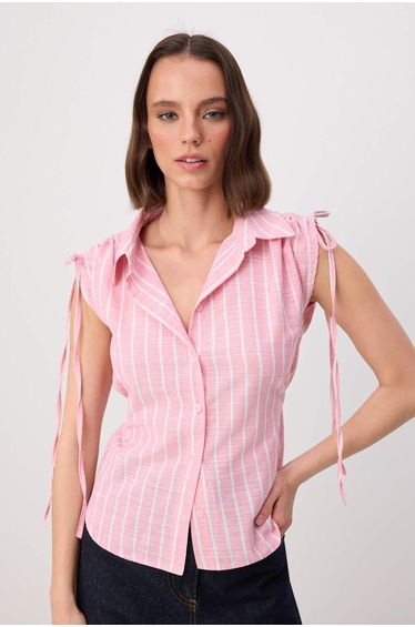 Light Pink Striped Drawstring Shirt with Natural Fabric Content