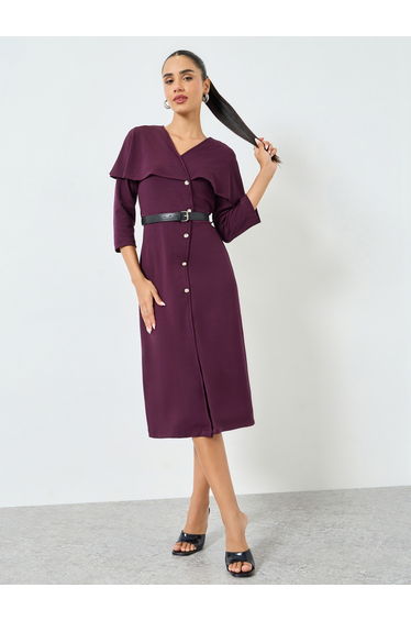 Burgundy A-Line Midi Dress with Cape Detail