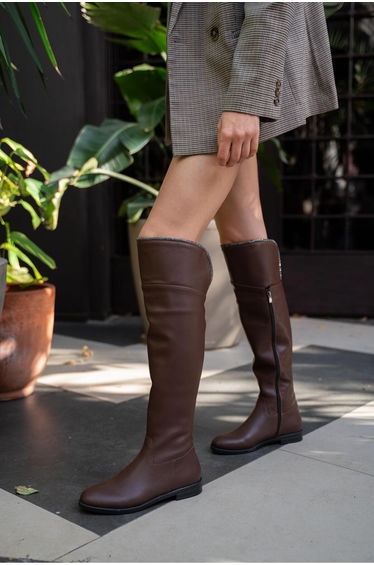 Women's Brown Stone Detailed Long Leather Women's Boots