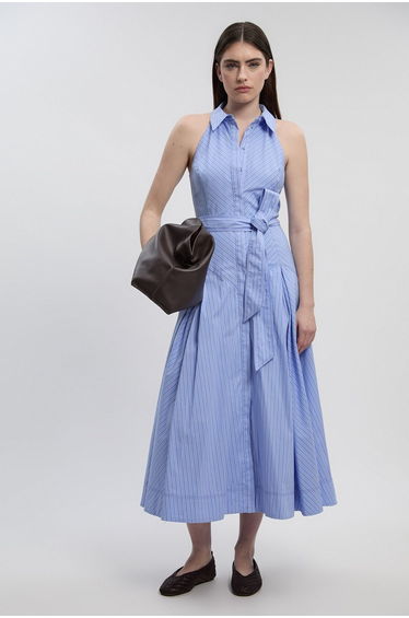 Cotton Collared Stripe Halter Neck Woven Midi Shirt Dress With Dropped Waist Detail