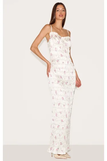 Pink Satin Ditsy Floral Ruched Underwired Maxi Dress