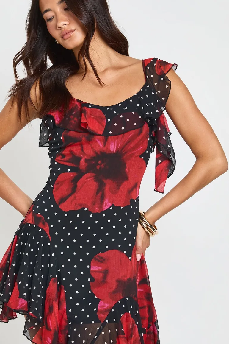 Chiffon Floral Ruffle Detail Asymmetric Midi Dress - black - 3