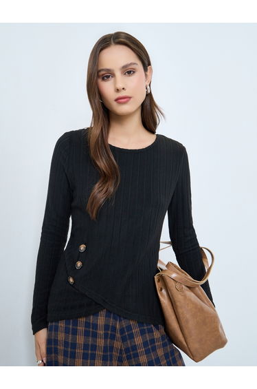 Black Ribbed Knit Top with Button Detail