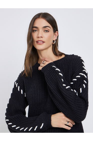 Black Chunky Knit Sweater with Stitch Detail