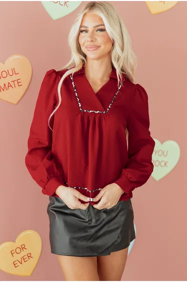 Lvness Fiery Red Collar V Neck Leopard Contrasted Trim Textured Blouse