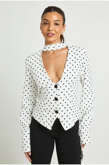 Polka Dot Scarf Detail Fitted Blazer - white
